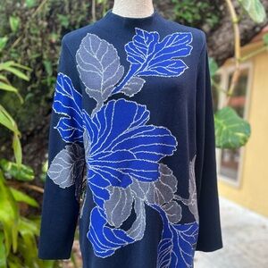 Chico’s Sweater with Blue and Gray Tropical Flower Design